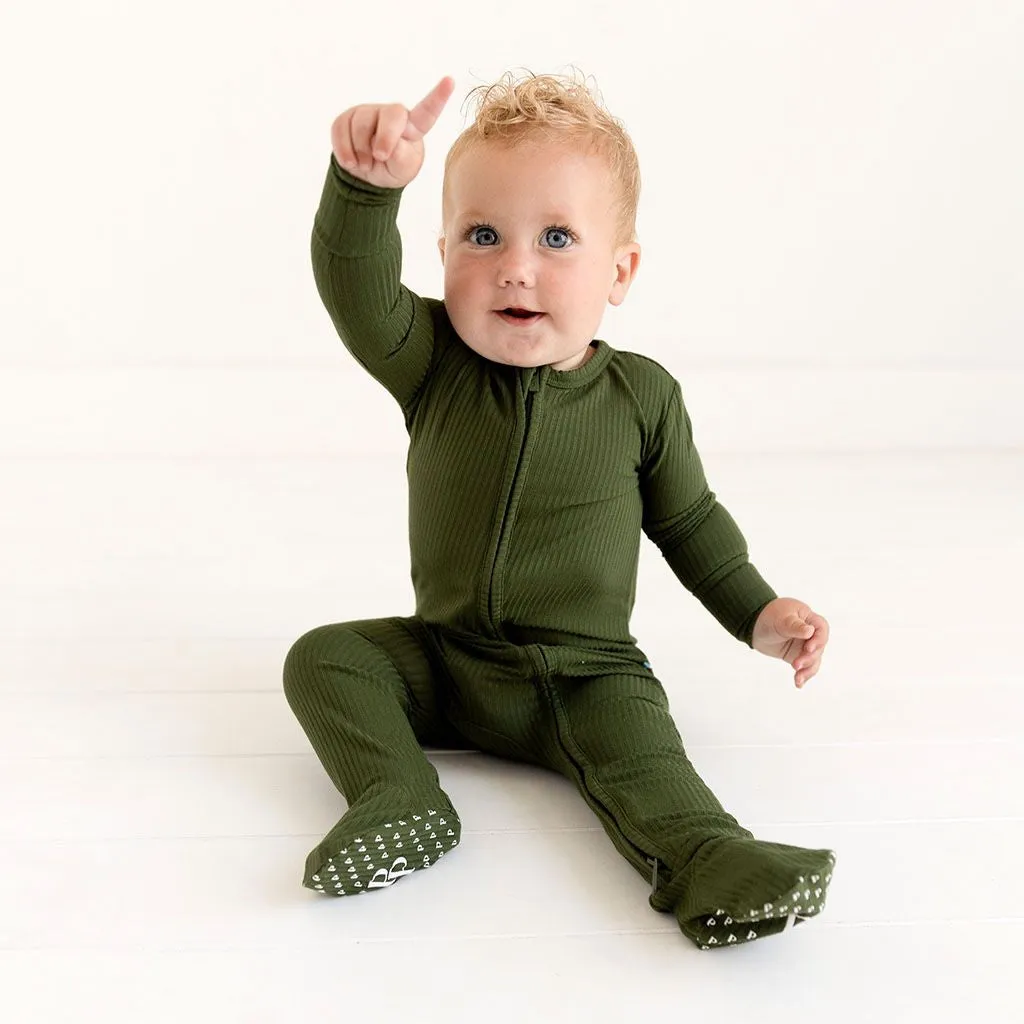 Posh Peanut- Ribbed Pine Footie Zippered One Piece