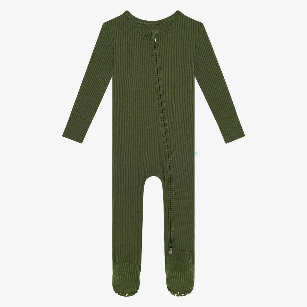 Posh Peanut- Ribbed Pine Footie Zippered One Piece