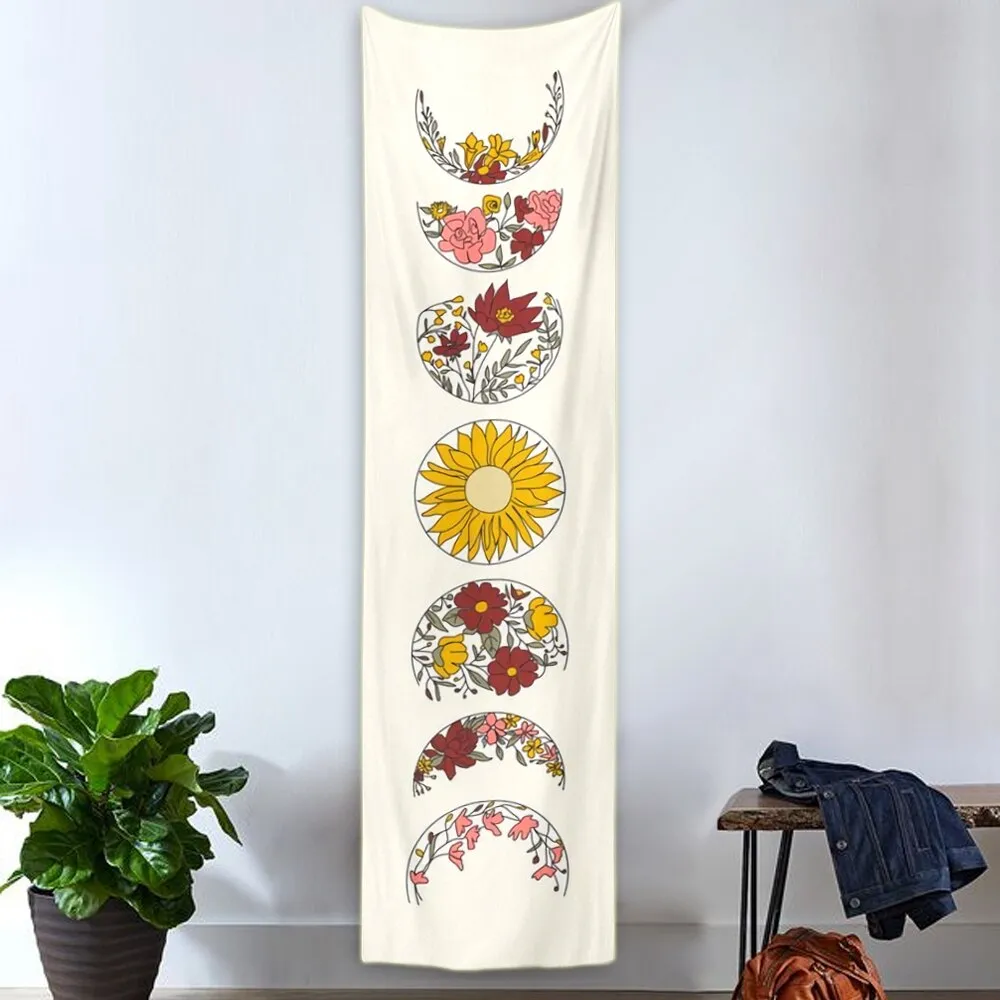 Psychedelic Moon Phase Tapestry White Flower Wall Hanging Moon Floral Throw Blanket Home Decor Wall Hanging Bohemian Decoration