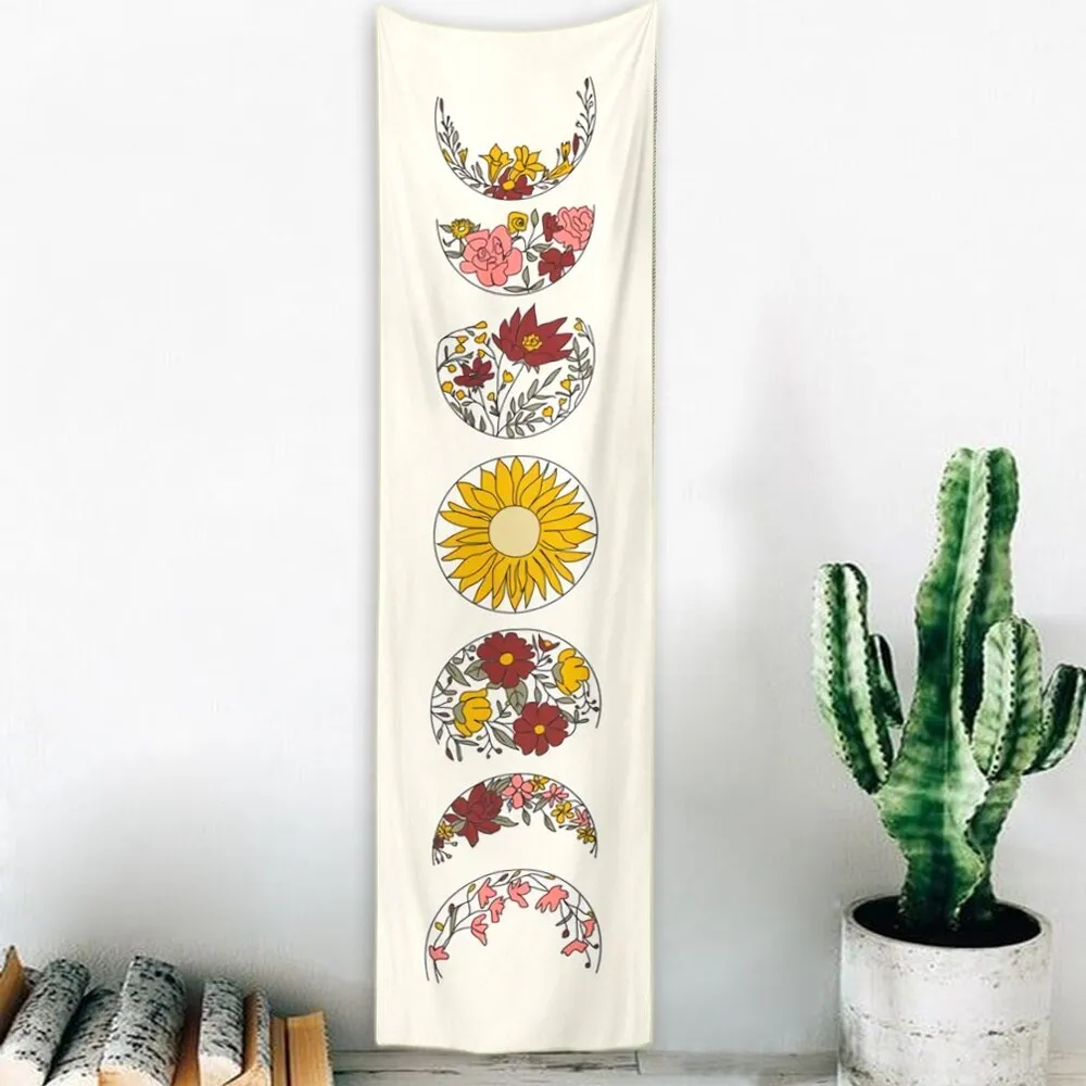 Psychedelic Moon Phase Tapestry White Flower Wall Hanging Moon Floral Throw Blanket Home Decor Wall Hanging Bohemian Decoration