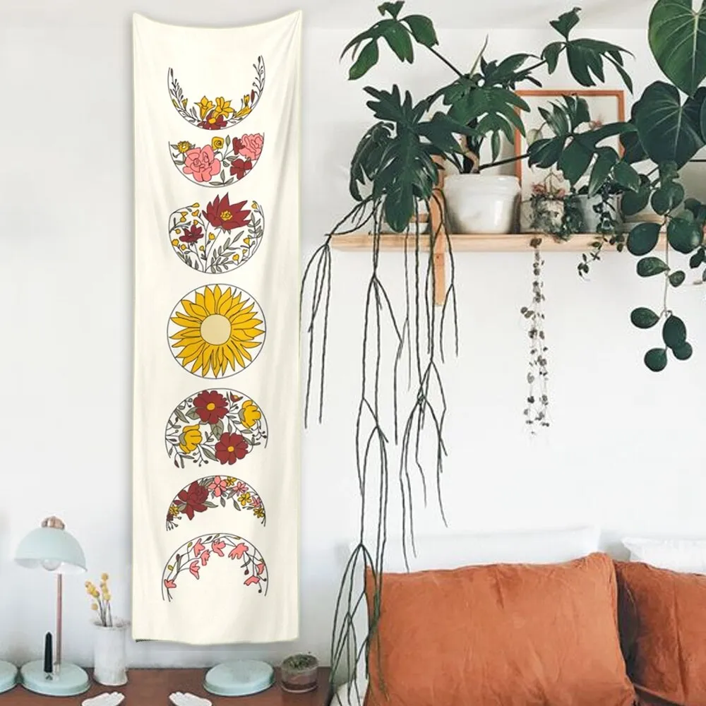 Psychedelic Moon Phase Tapestry White Flower Wall Hanging Moon Floral Throw Blanket Home Decor Wall Hanging Bohemian Decoration
