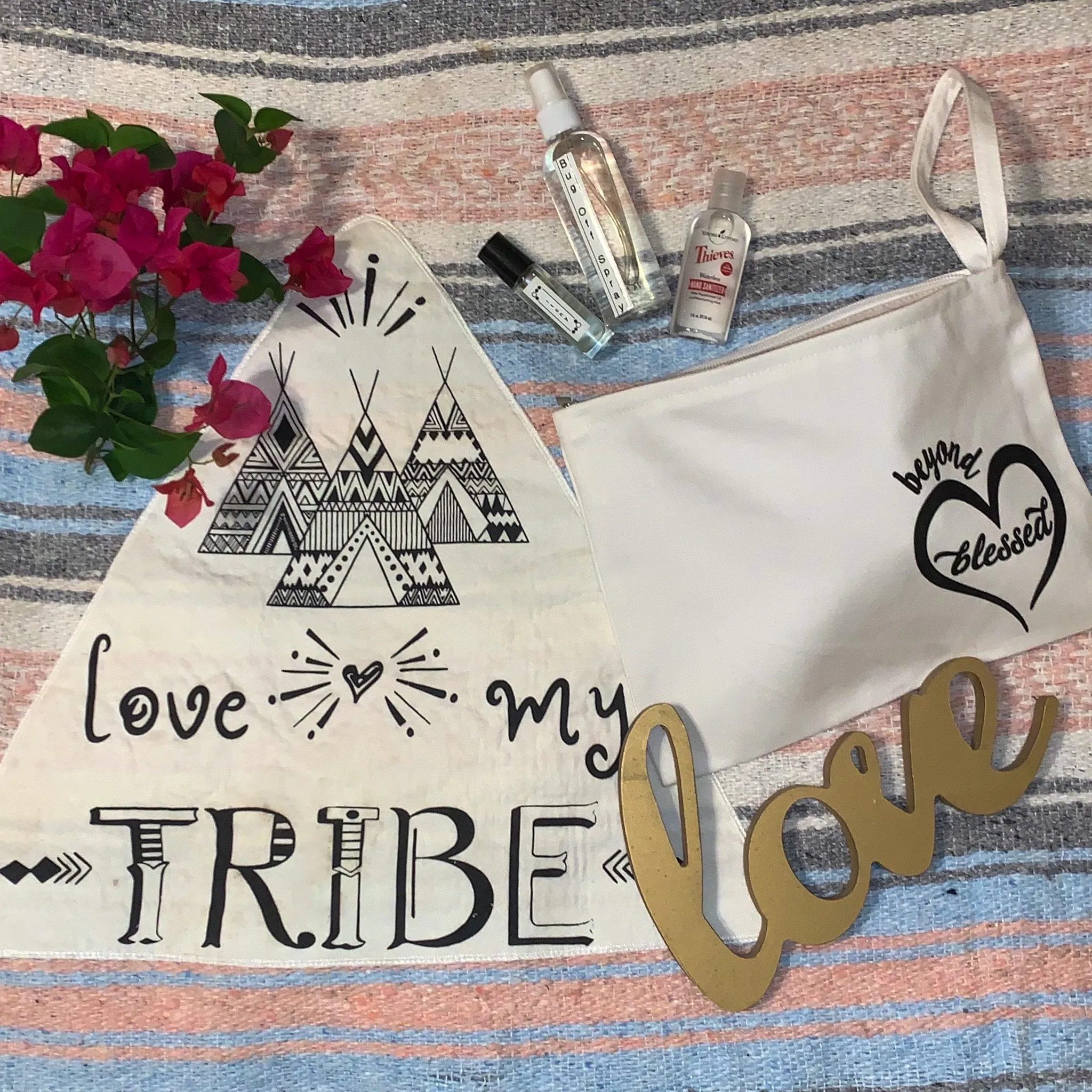 "Love My Tribe" - Coral / Blue Throw - Falza Mexican Blanket - Wholesale