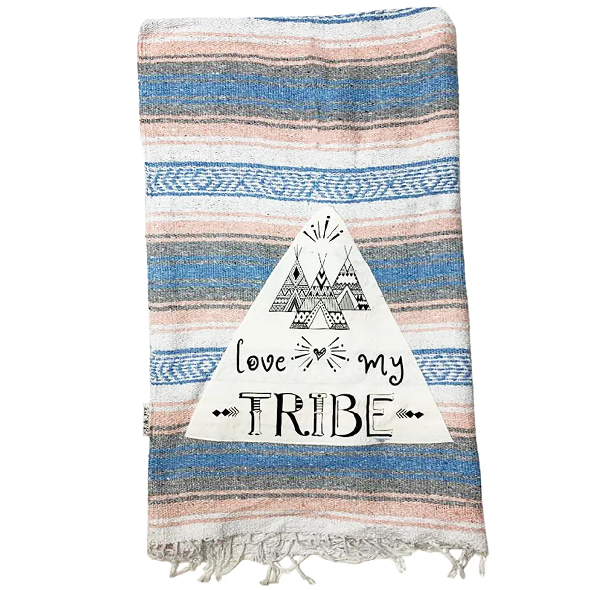 "Love My Tribe" - Coral / Blue Throw - Falza Mexican Blanket - Wholesale