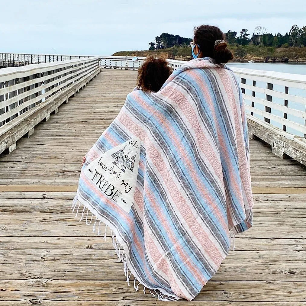 "Love My Tribe" - Coral / Blue Throw - Falza Mexican Blanket - Wholesale