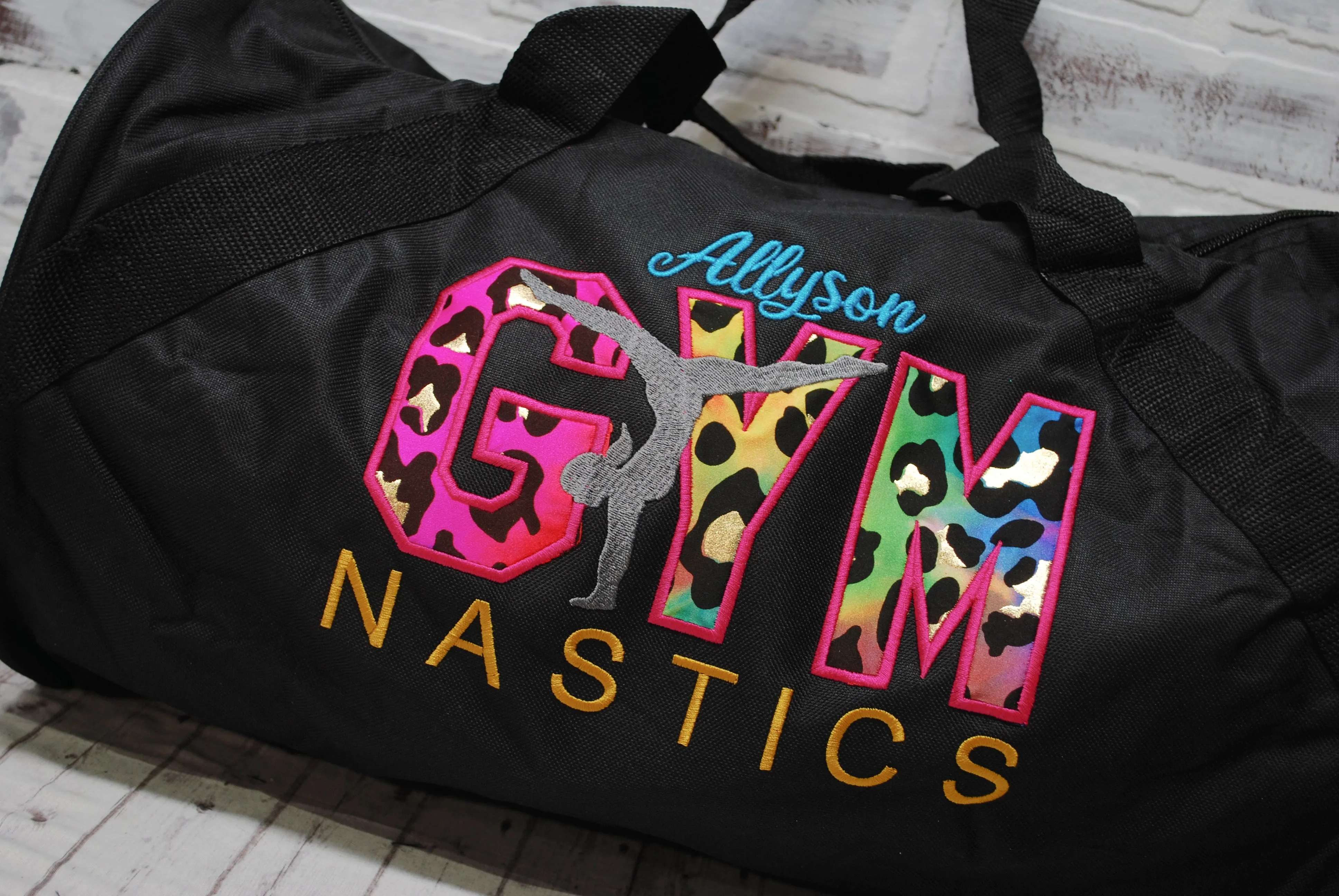 Rainbow and Gold Leopard Personalized Gymnastics Duffle or Tote Bag