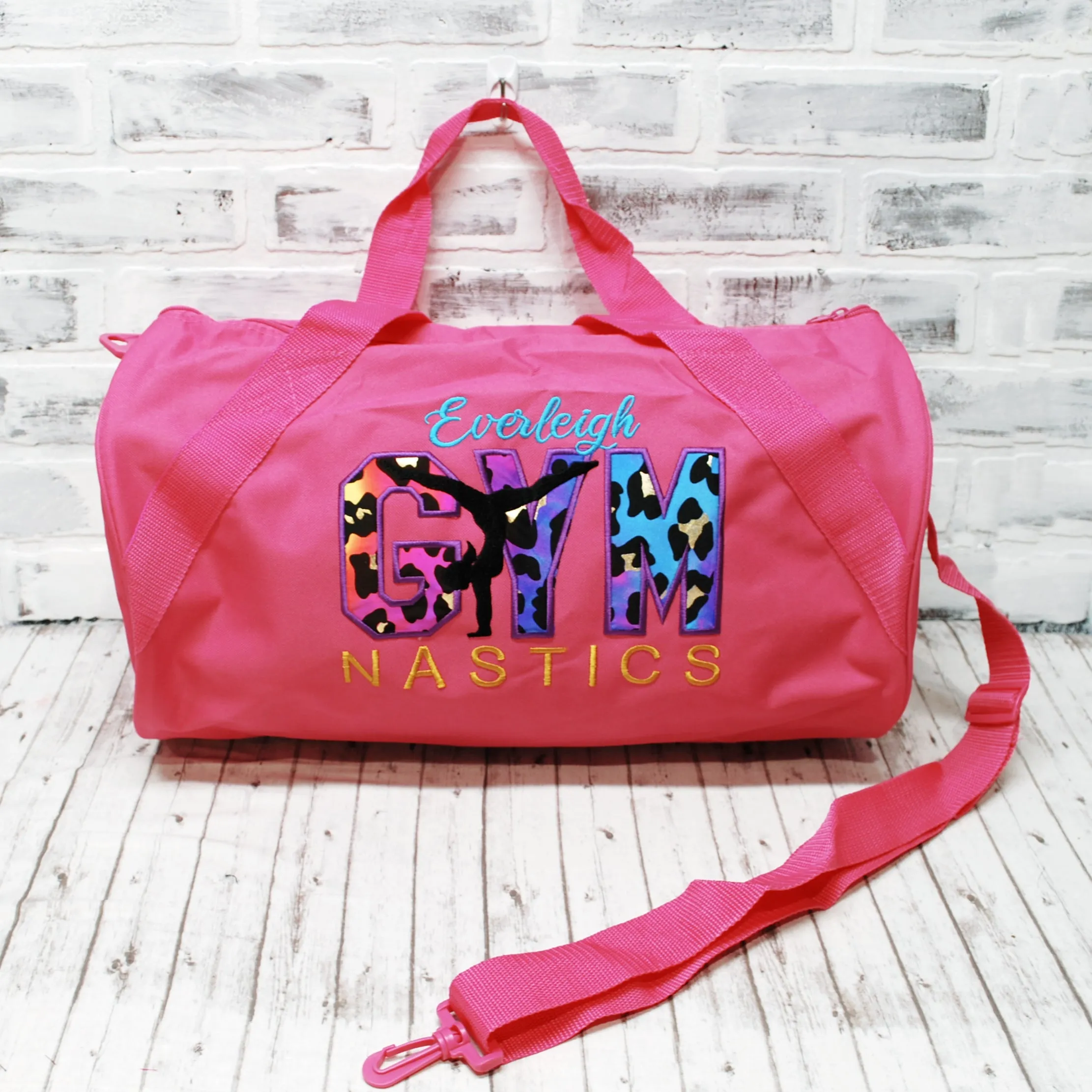 Rainbow and Gold Leopard Personalized Gymnastics Duffle or Tote Bag