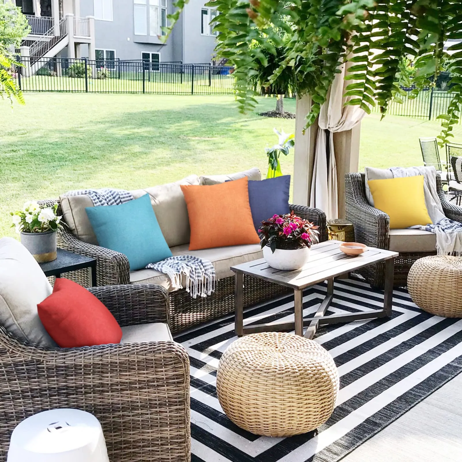 ReeQuo Pack of 2 Outdoor Throw Pillow Covers,Decorative Solid Line Waterproof Pillowcases Farmhouse Cushion Covers for Garden Patio Sofa Home Decoration 18x18 Inch Turquoise