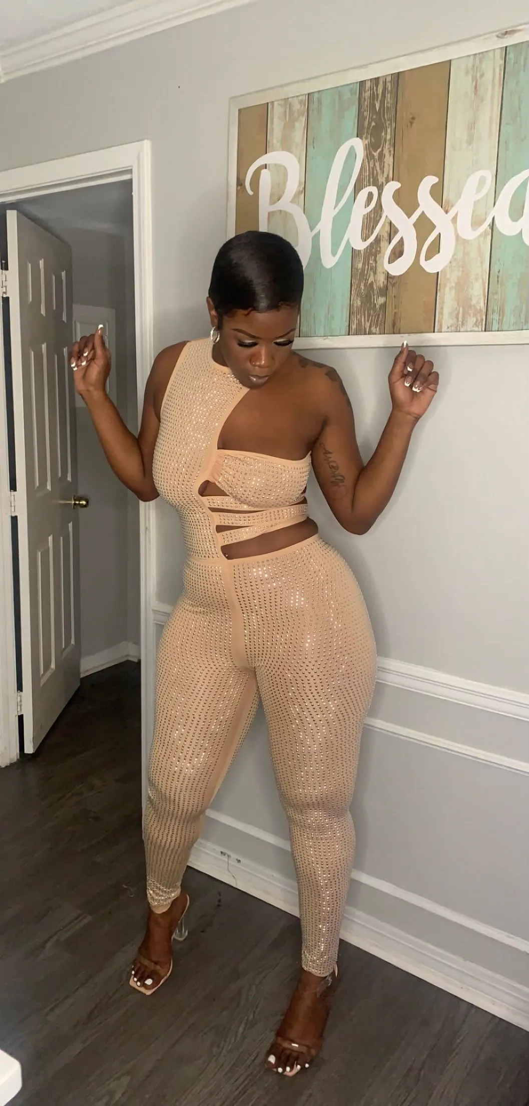 Rhinestone Cut Out Jumpsuit