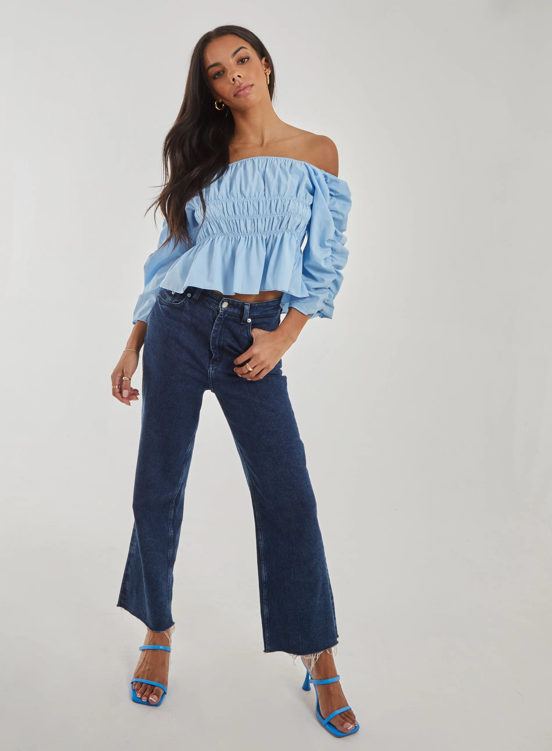 Shirred Detail Puff Sleeve Crop Top