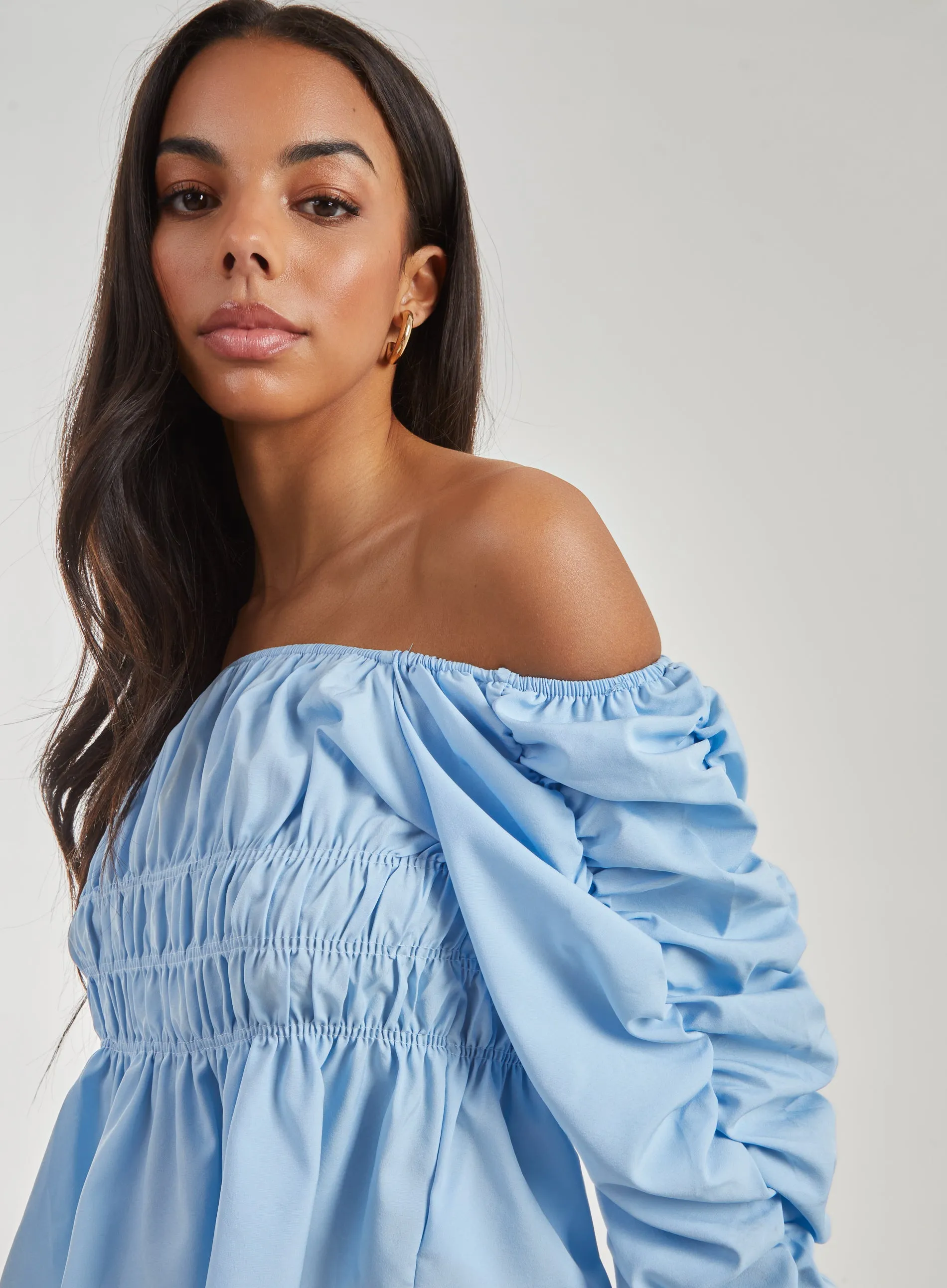 Shirred Detail Puff Sleeve Crop Top