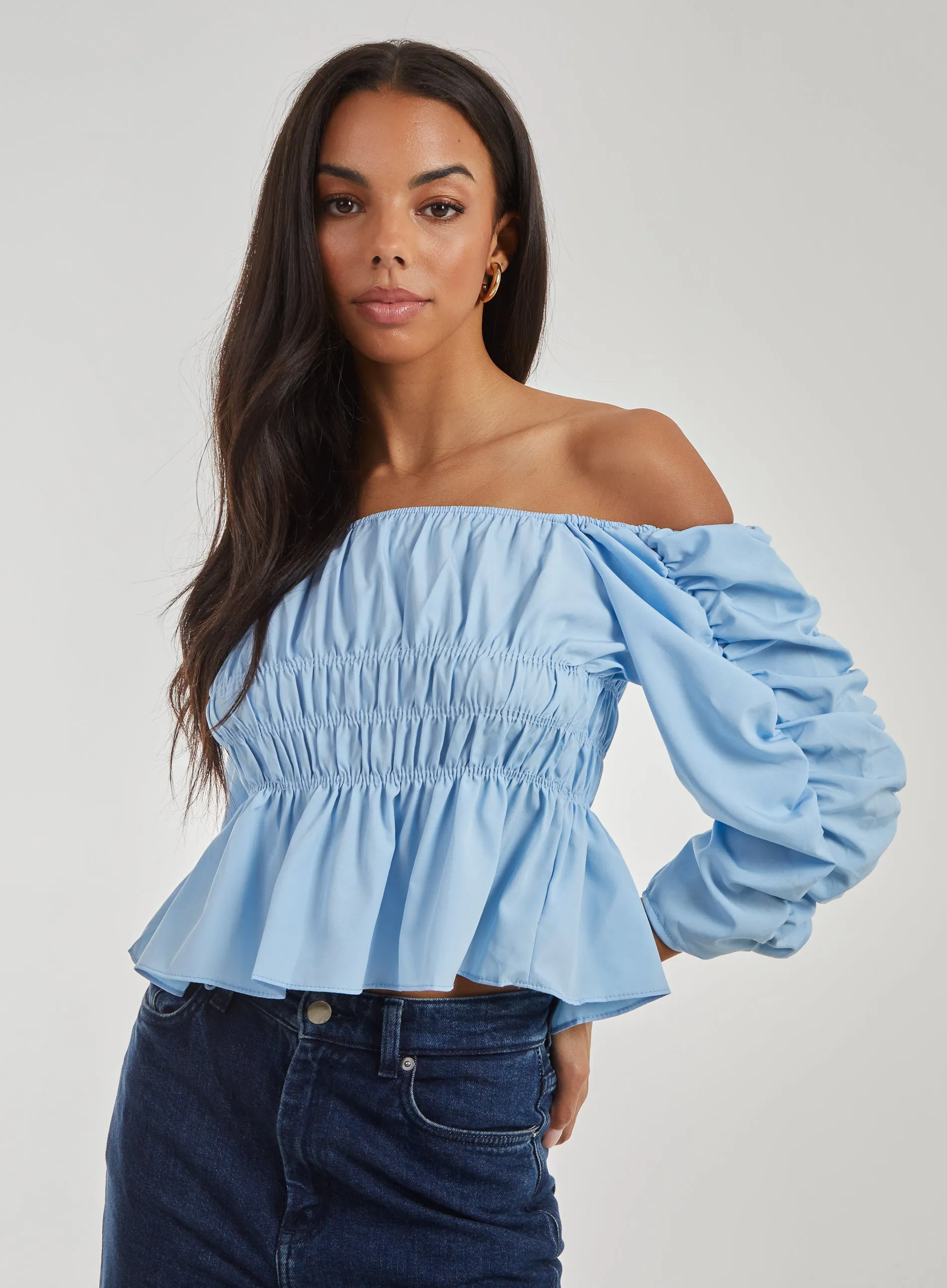 Shirred Detail Puff Sleeve Crop Top