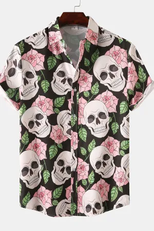 Skull Rose Print Button Up Shirt