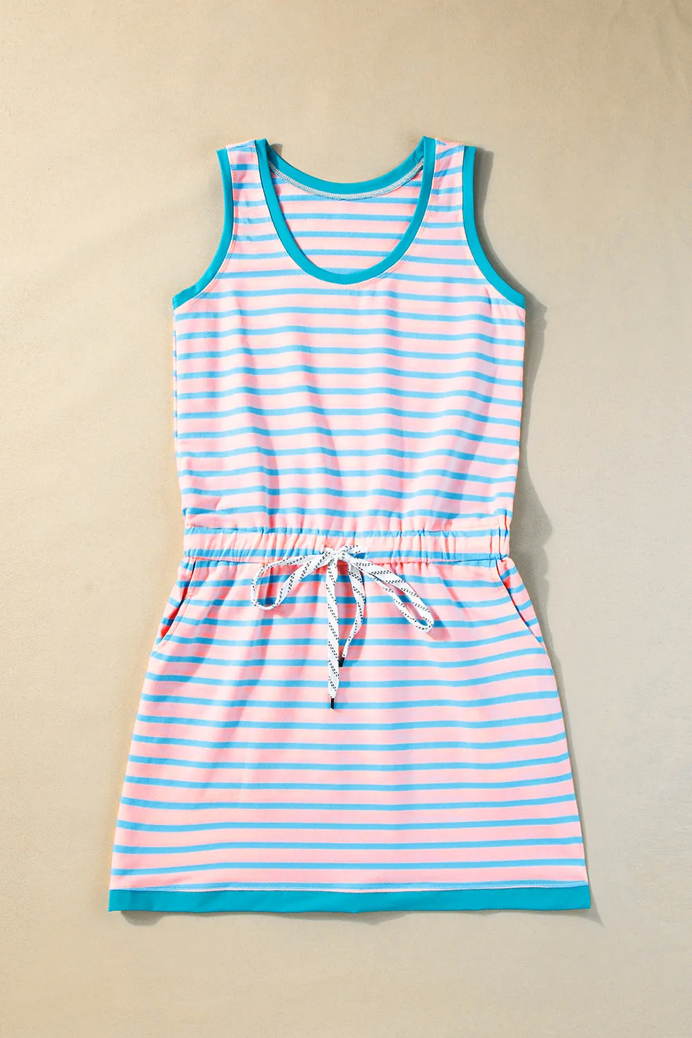 Striped Casual Tank Dress with Drawstring Waist and Pockets