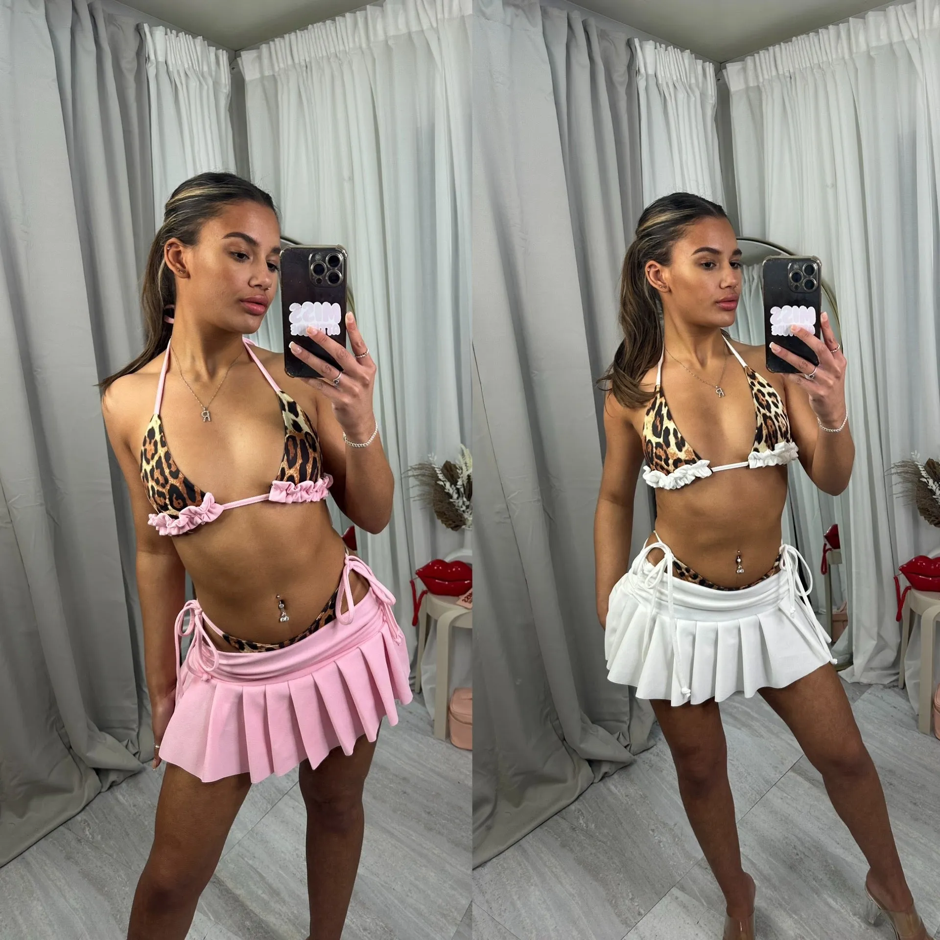 Summer pleated mini skirt with bikini bottoms and top outfit