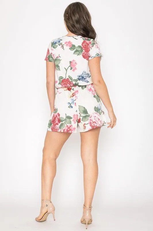 Surplice Drawstring Floral Romper