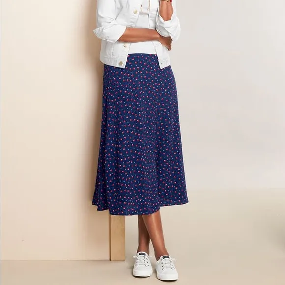 Talbots Navy Blue Red Heart Print XO Midi Slip Skirt Size 8