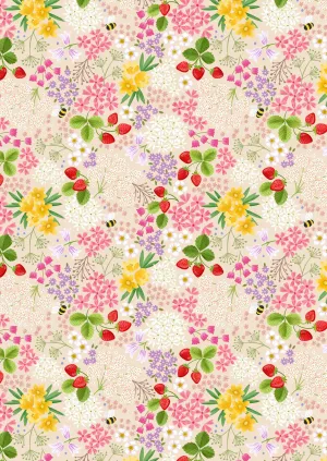 Teddy Bear's Picnic A795-1 Strawberry Bee Floral on Cream