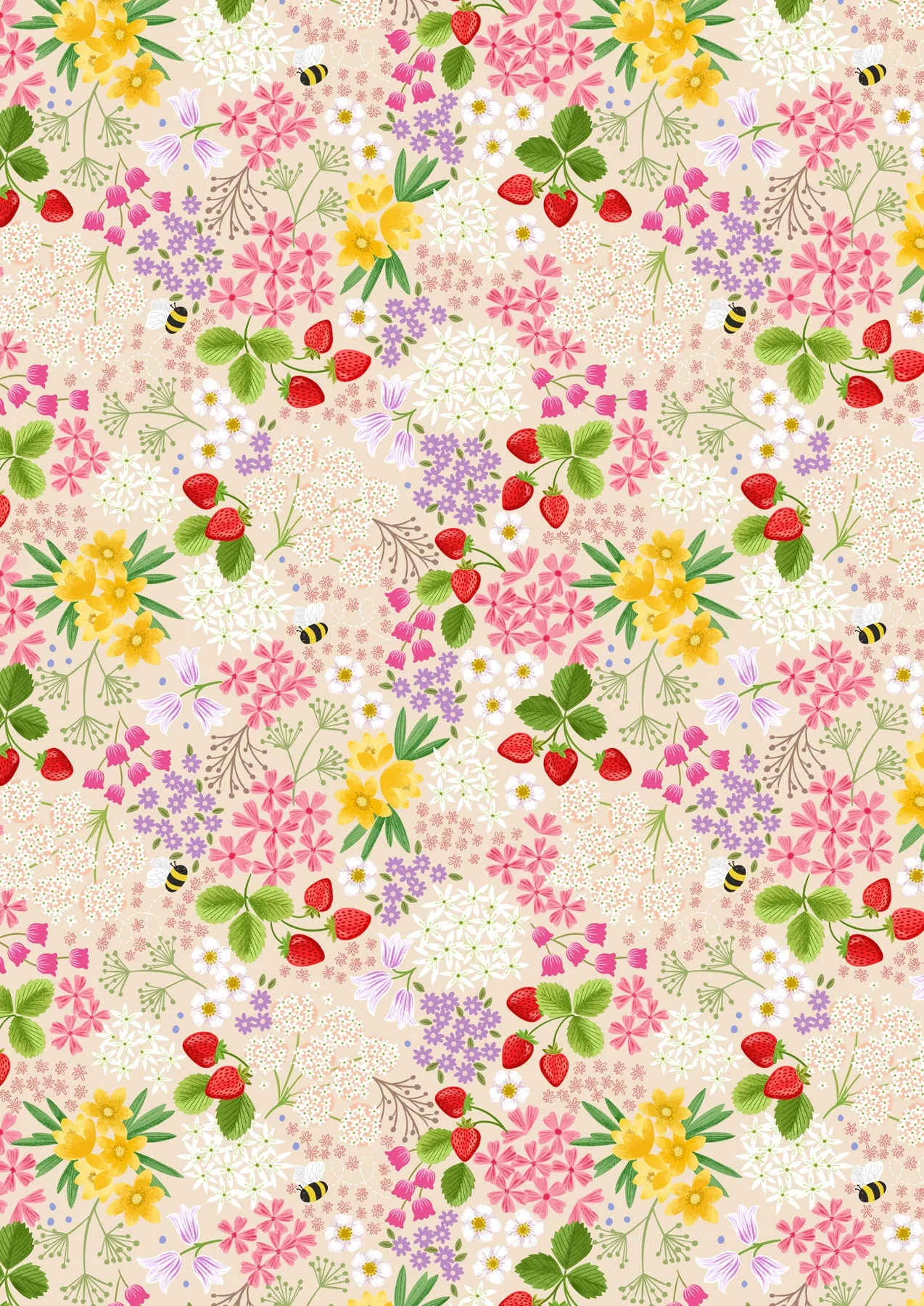 Teddy Bear's Picnic A795-1 Strawberry Bee Floral on Cream