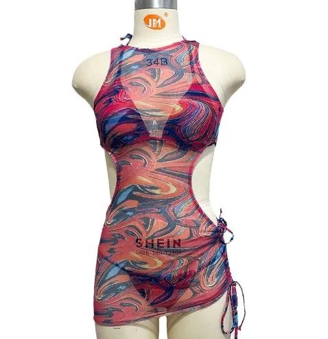 Three-piece Swimsuit Hollow Out Strap Drawstring Mesh Long Skirt Swimwear Bikini Printed Colorful Swimsuit Women Beach Skirt C-240425-1