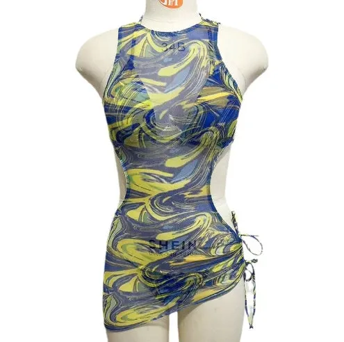 Three-piece Swimsuit Hollow Out Strap Drawstring Mesh Long Skirt Swimwear Bikini Printed Colorful Swimsuit Women Beach Skirt C-240425-1