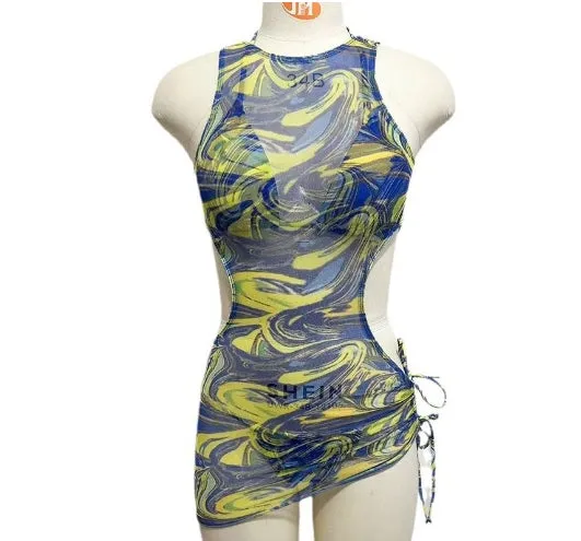 Three-piece Swimsuit Hollow Out Strap Drawstring Mesh Long Skirt Swimwear Bikini Printed Colorful Swimsuit Women Beach Skirt C-240425-1