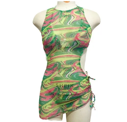 Three-piece Swimsuit Hollow Out Strap Drawstring Mesh Long Skirt Swimwear Bikini Printed Colorful Swimsuit Women Beach Skirt C-240425-1