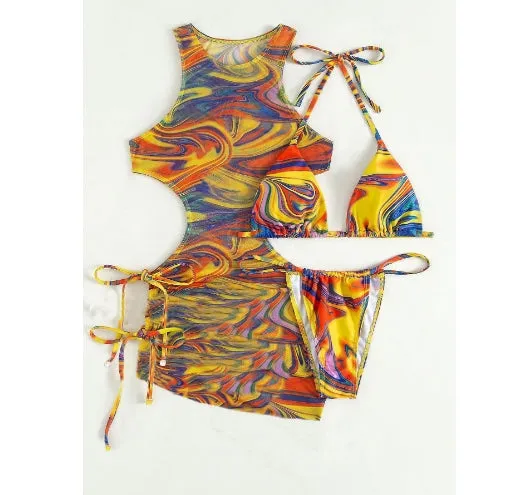 Three-piece Swimsuit Hollow Out Strap Drawstring Mesh Long Skirt Swimwear Bikini Printed Colorful Swimsuit Women Beach Skirt C-240425-1