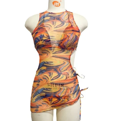 Three-piece Swimsuit Hollow Out Strap Drawstring Mesh Long Skirt Swimwear Bikini Printed Colorful Swimsuit Women Beach Skirt C-240425-1