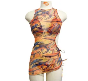 Three-piece Swimsuit Hollow Out Strap Drawstring Mesh Long Skirt Swimwear Bikini Printed Colorful Swimsuit Women Beach Skirt C-240425-1