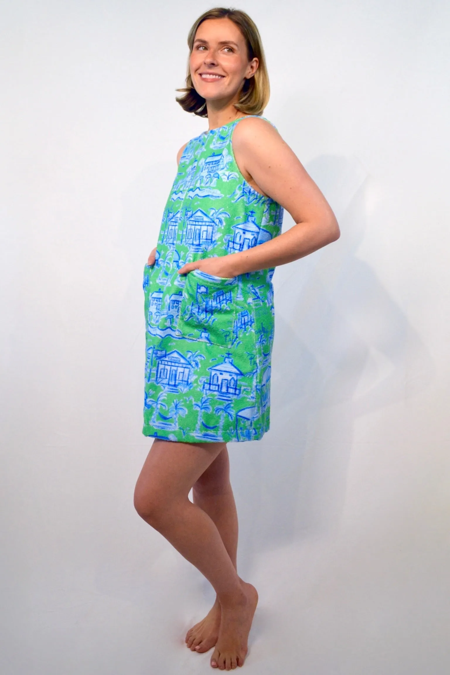 Towel Dress in Green and Blue Toile