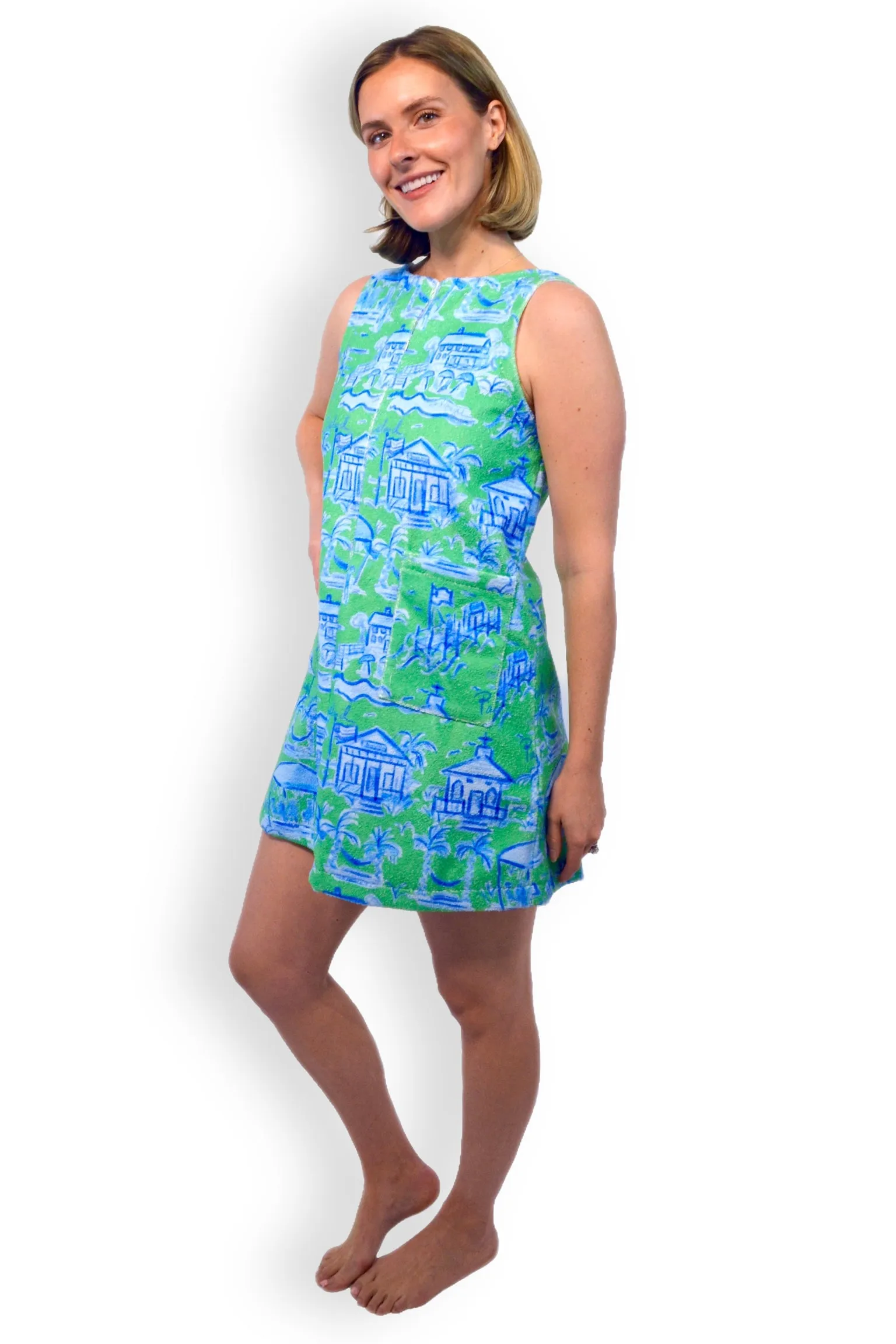 Towel Dress in Green and Blue Toile