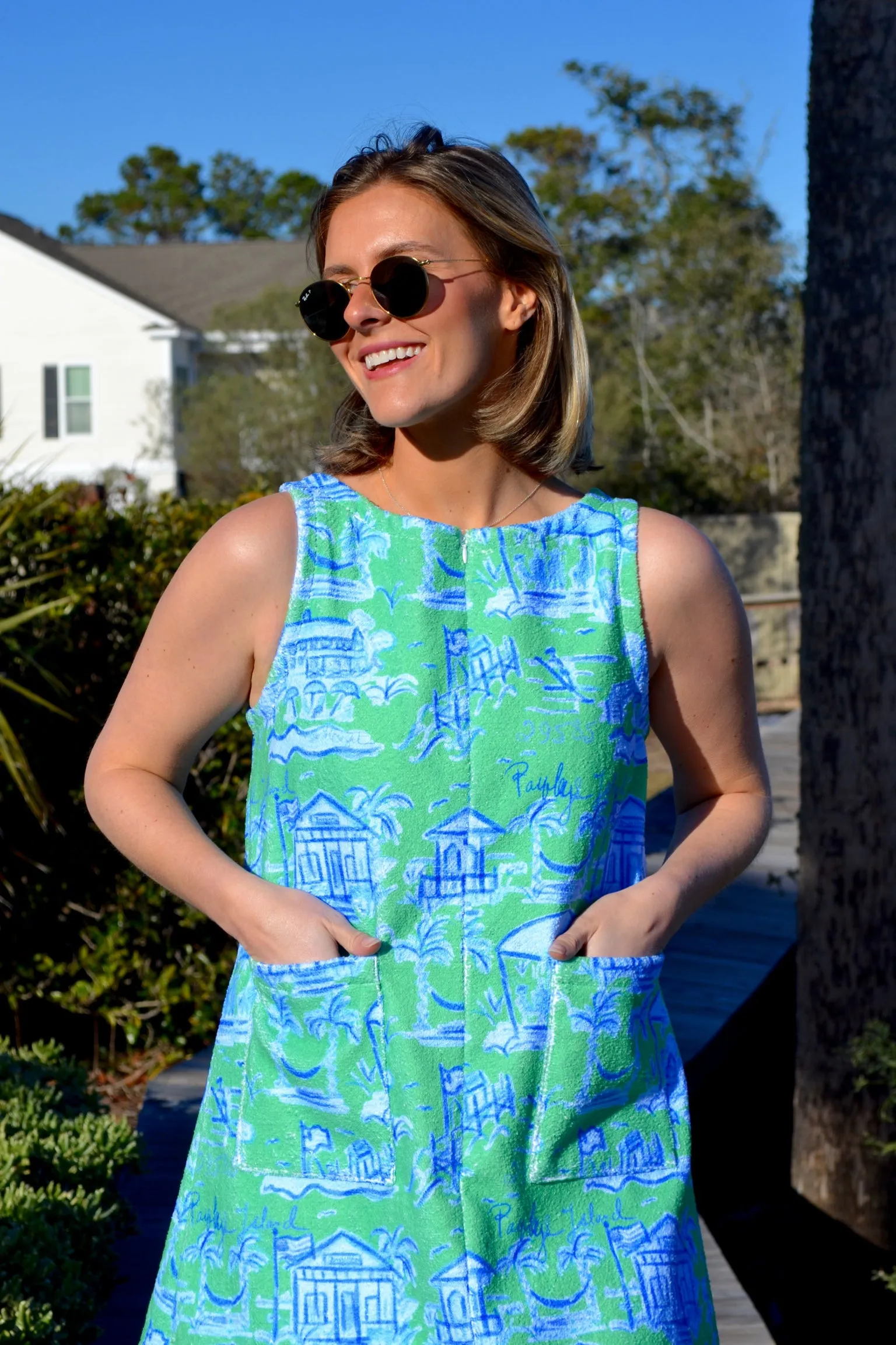 Towel Dress in Green and Blue Toile