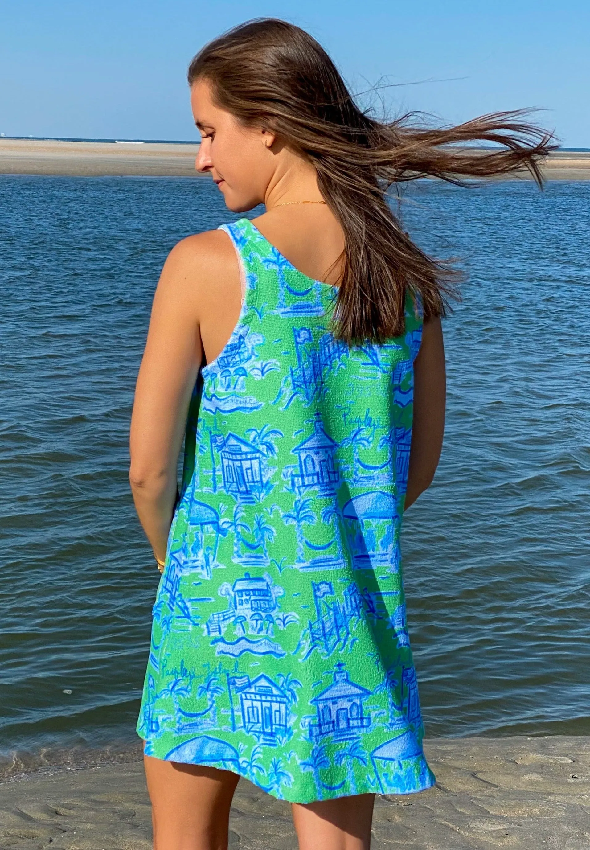 Towel Dress in Green and Blue Toile