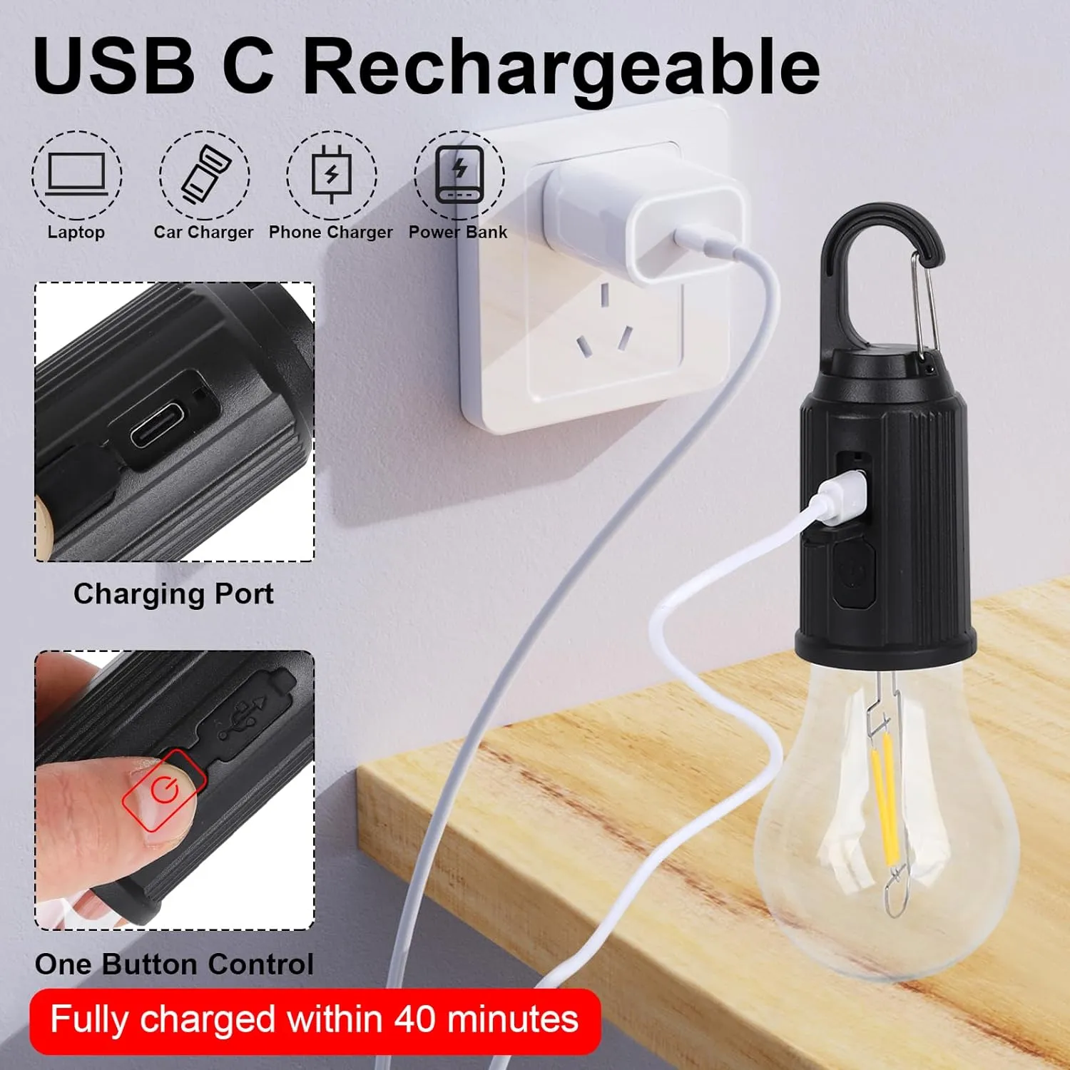 USB Rechargeable LED Bulb with Carabiner Hook 3 Light Modes USB Type C Charging (Pack of 2)