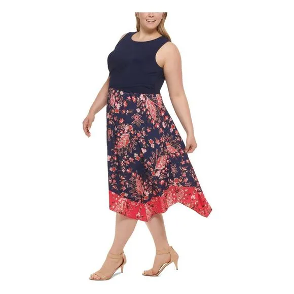 VINCE CAMUTO Womens Navy Sleeveless Jewel Neck Midi Hi-Lo Dress Plus 20W