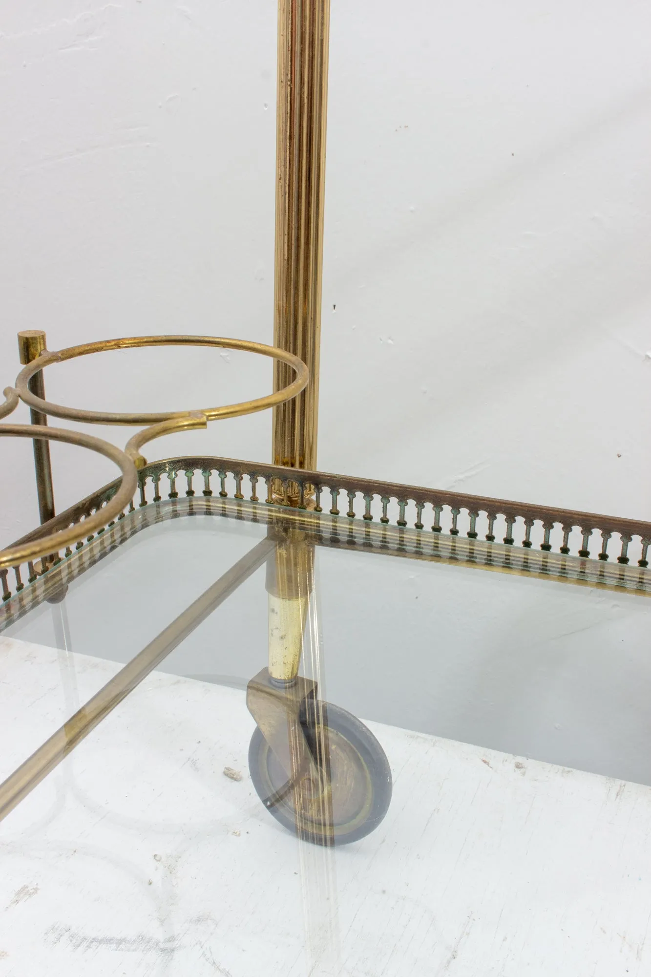 Vintage French Brass & Glass Trolley Style Bar Cart with Large Wheels