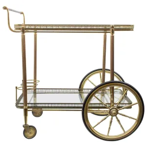 Vintage French Brass & Glass Trolley Style Bar Cart with Large Wheels