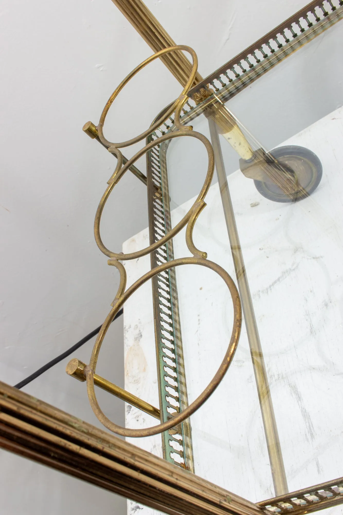 Vintage French Brass & Glass Trolley Style Bar Cart with Large Wheels