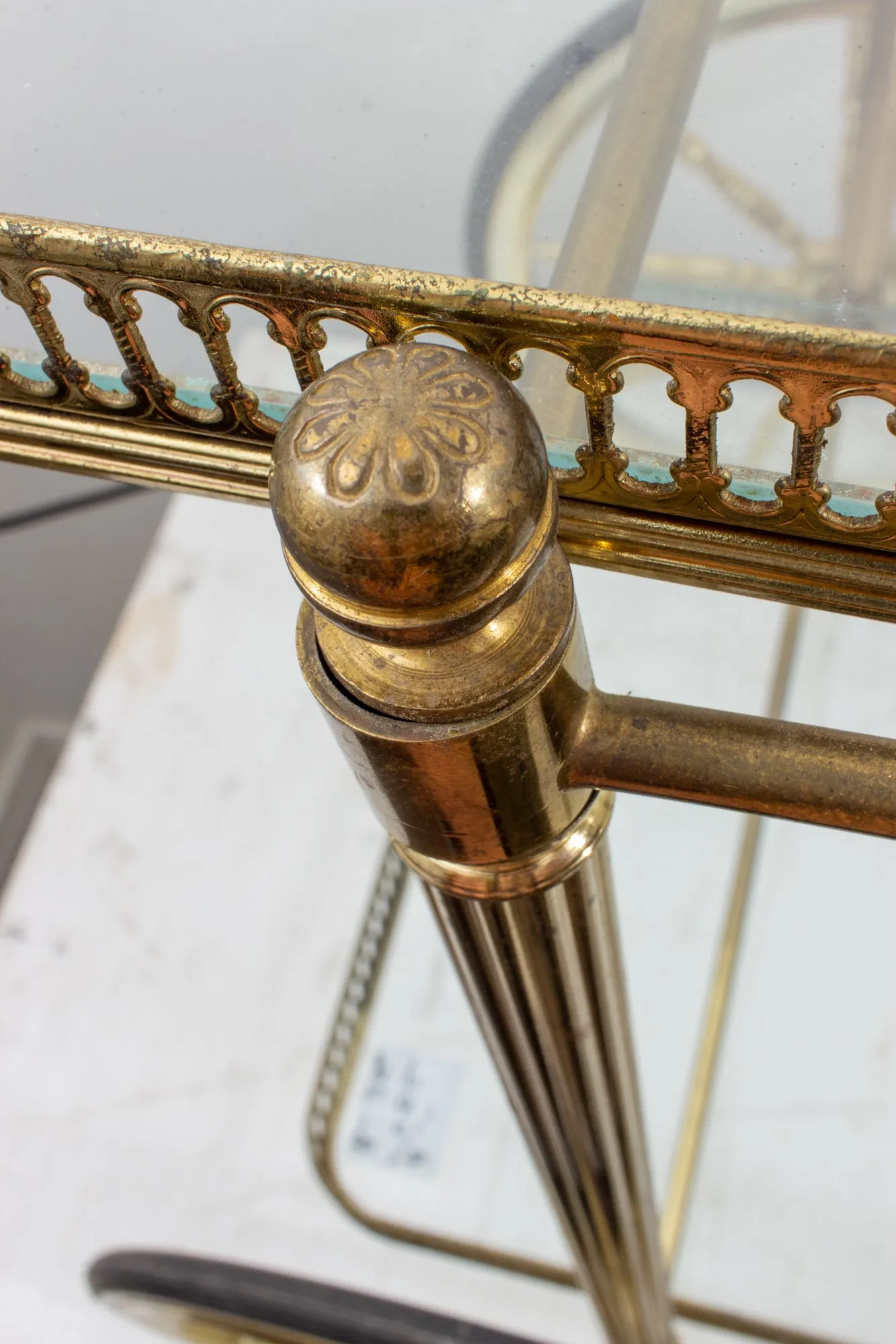 Vintage French Brass & Glass Trolley Style Bar Cart with Large Wheels