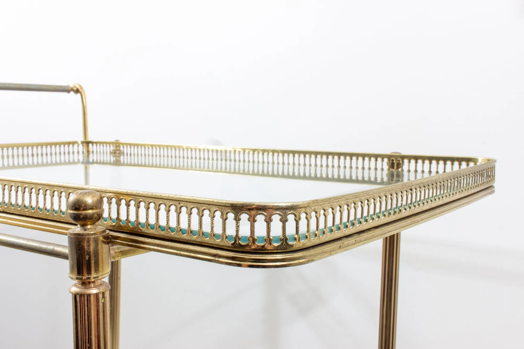 Vintage French Brass & Glass Trolley Style Bar Cart with Large Wheels