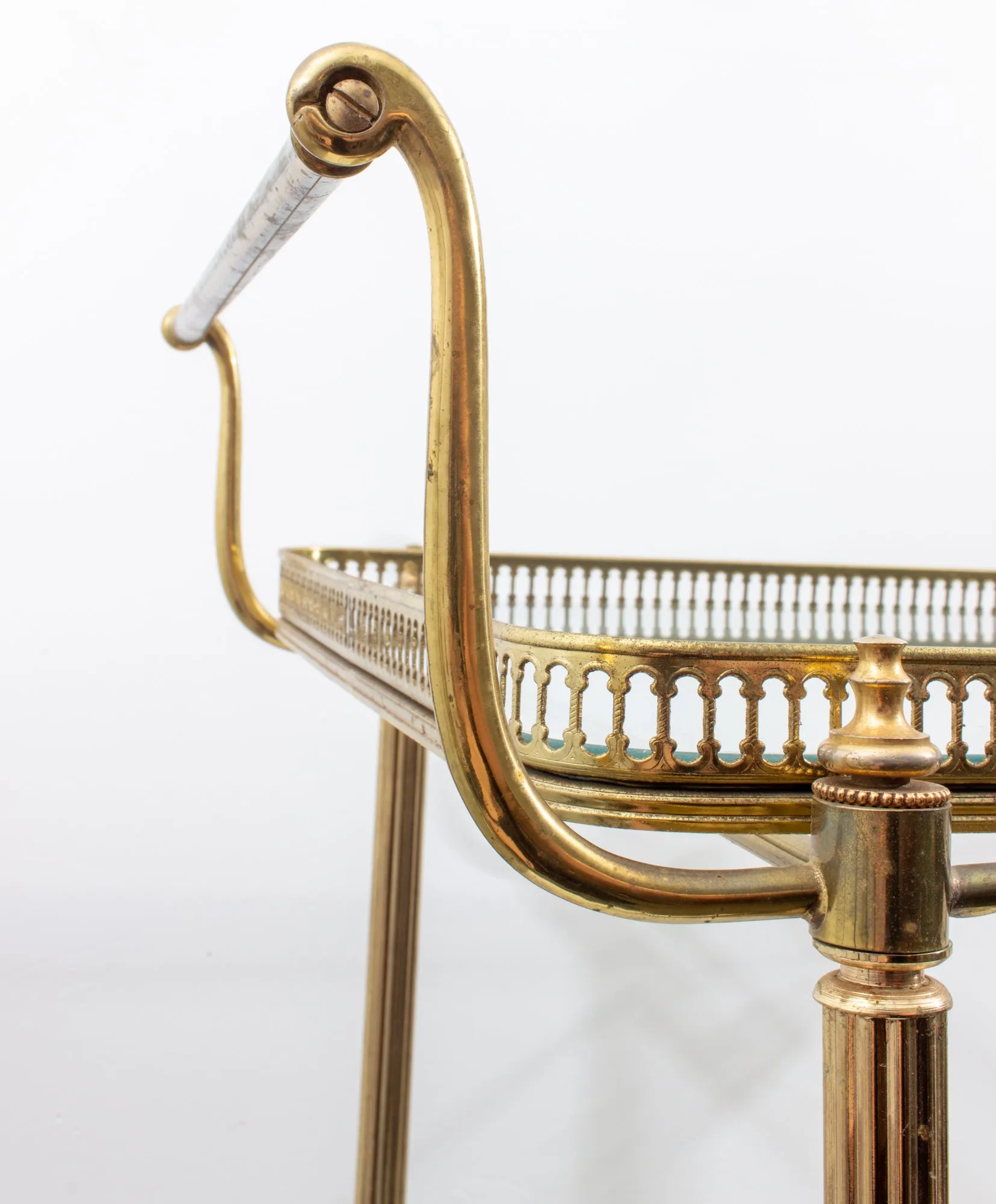 Vintage French Brass & Glass Trolley Style Bar Cart with Large Wheels