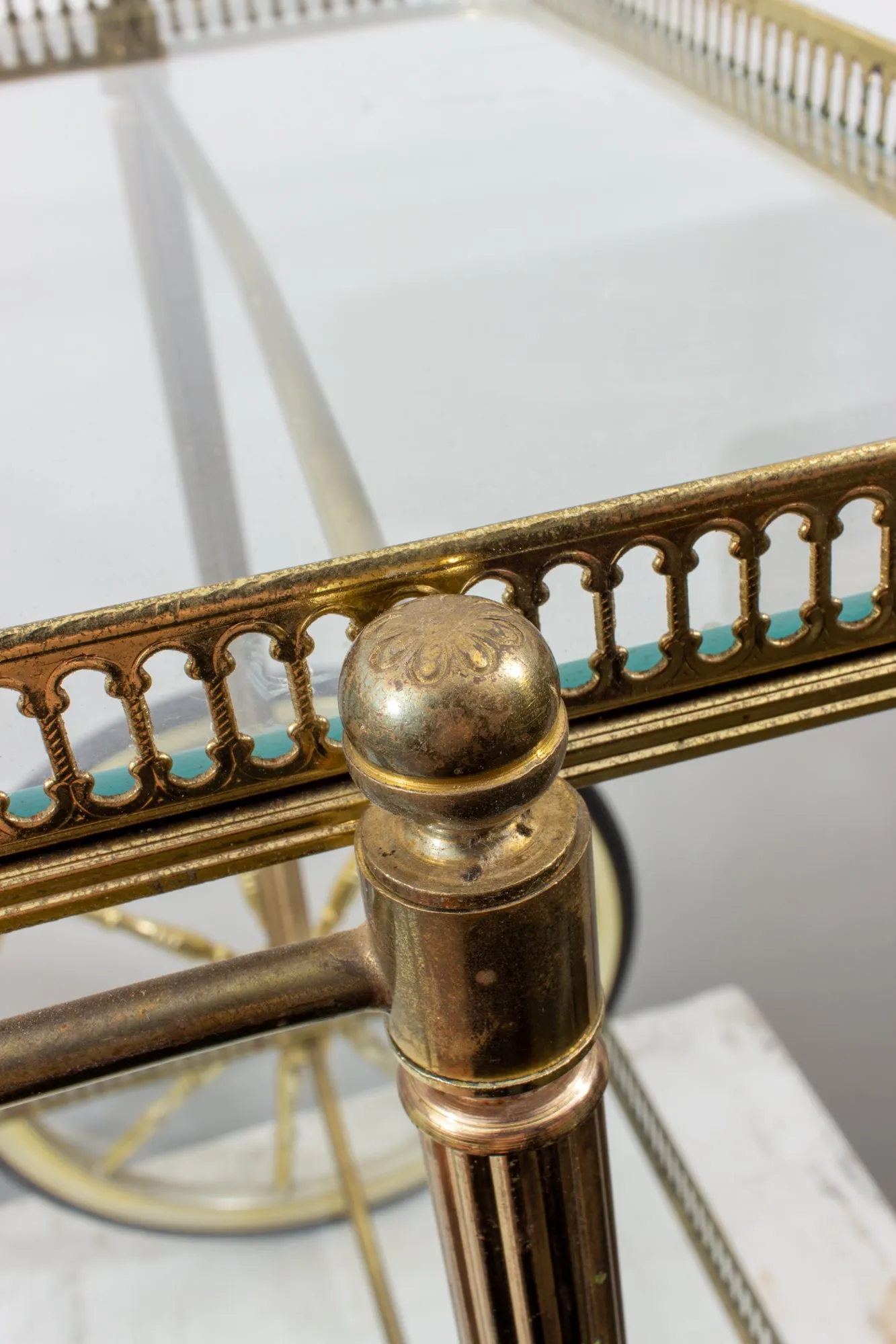 Vintage French Brass & Glass Trolley Style Bar Cart with Large Wheels