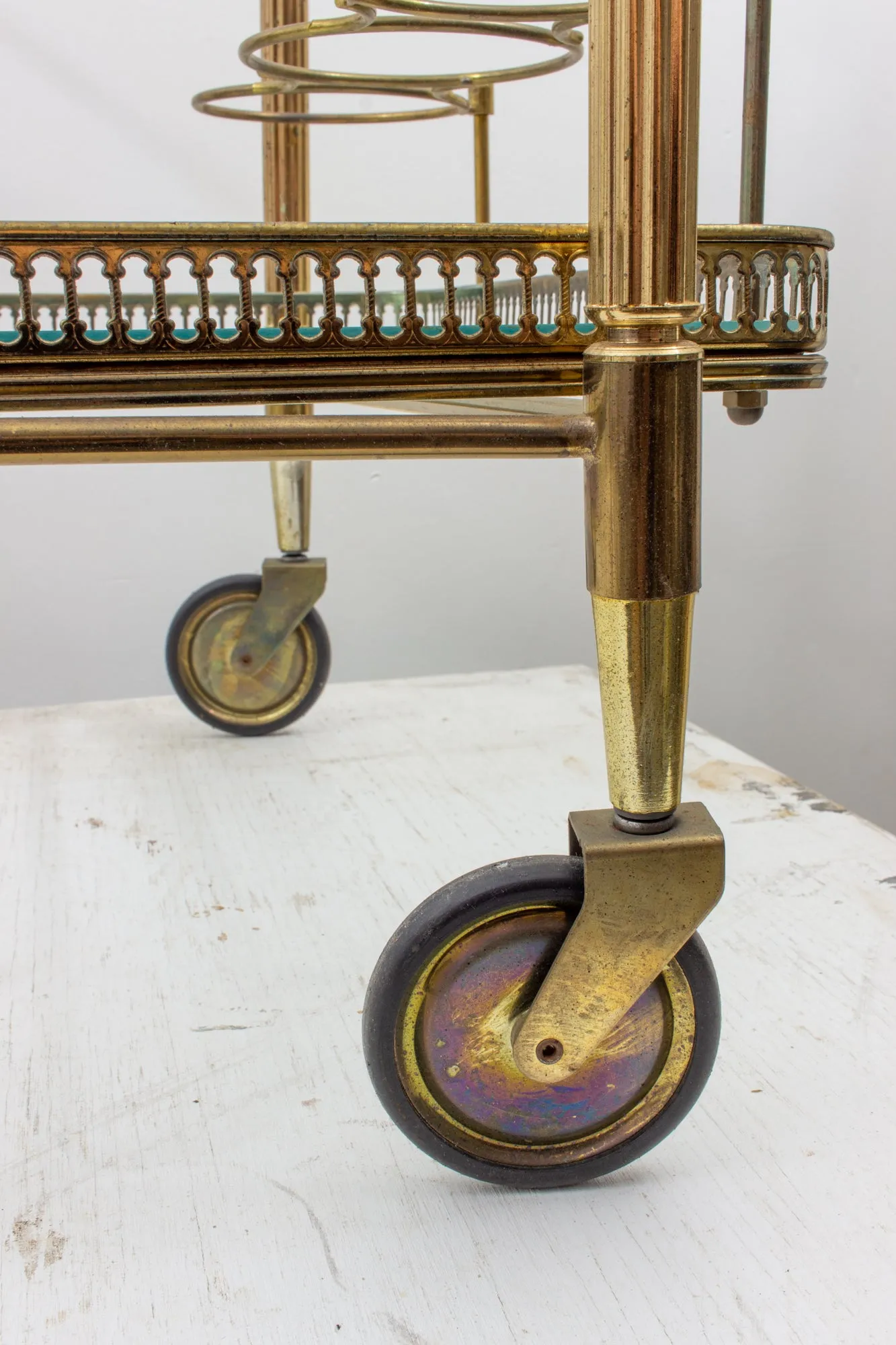 Vintage French Brass & Glass Trolley Style Bar Cart with Large Wheels