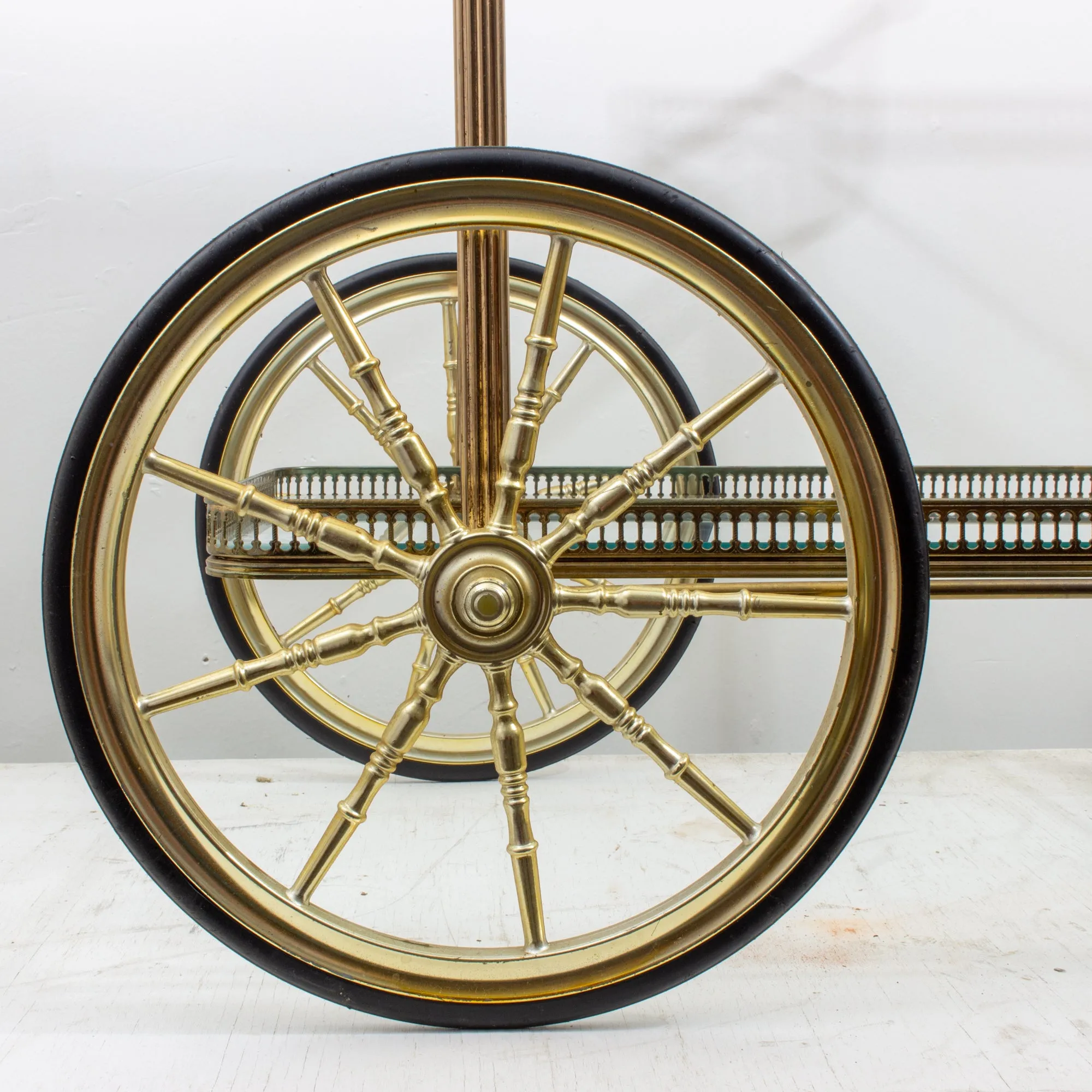 Vintage French Brass & Glass Trolley Style Bar Cart with Large Wheels
