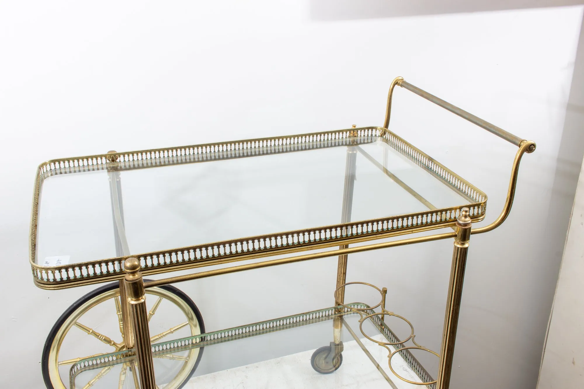 Vintage French Brass & Glass Trolley Style Bar Cart with Large Wheels