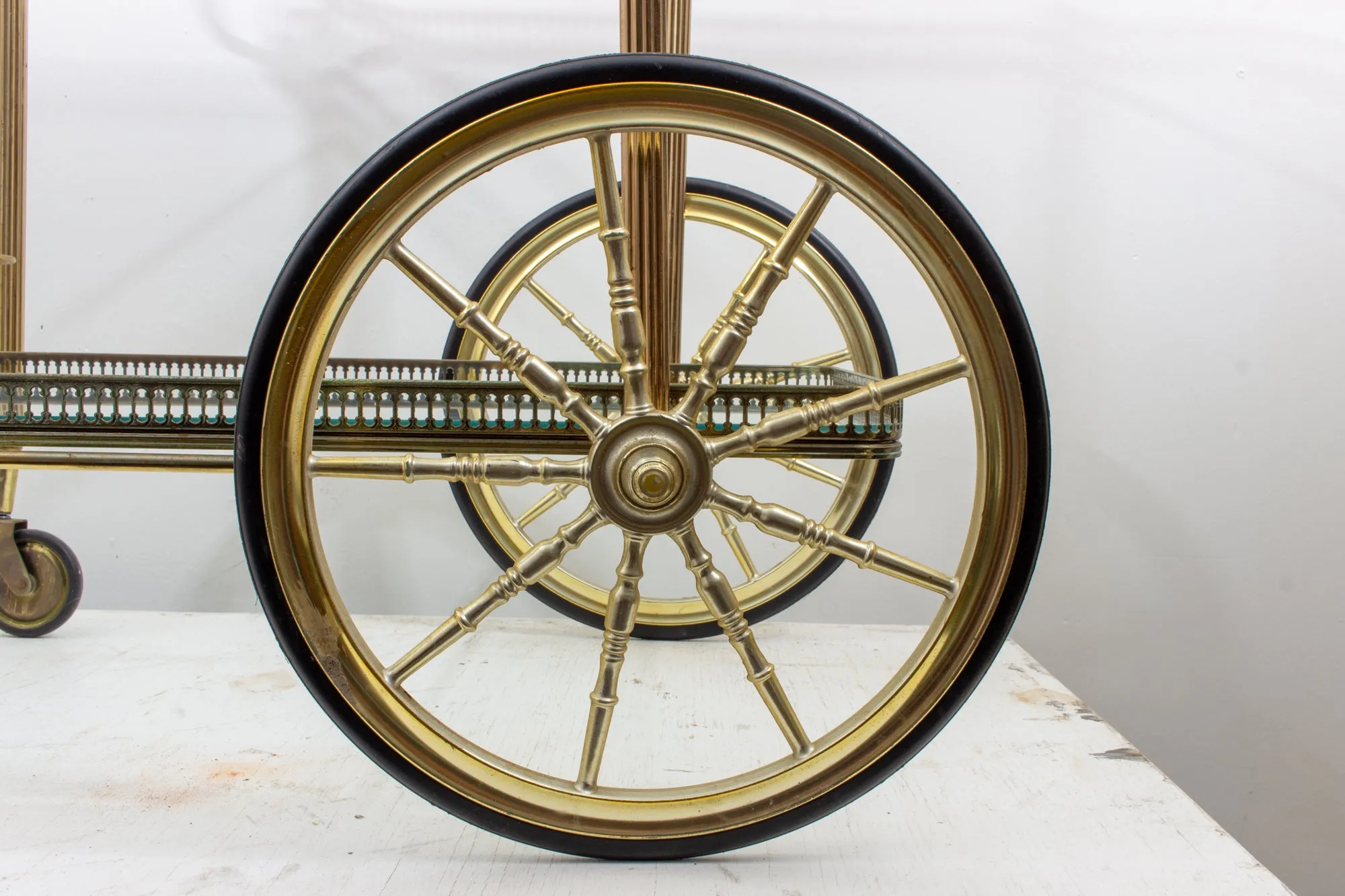 Vintage French Brass & Glass Trolley Style Bar Cart with Large Wheels