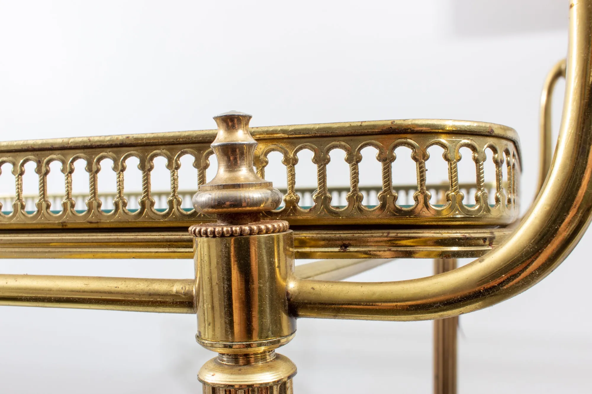 Vintage French Brass & Glass Trolley Style Bar Cart with Large Wheels