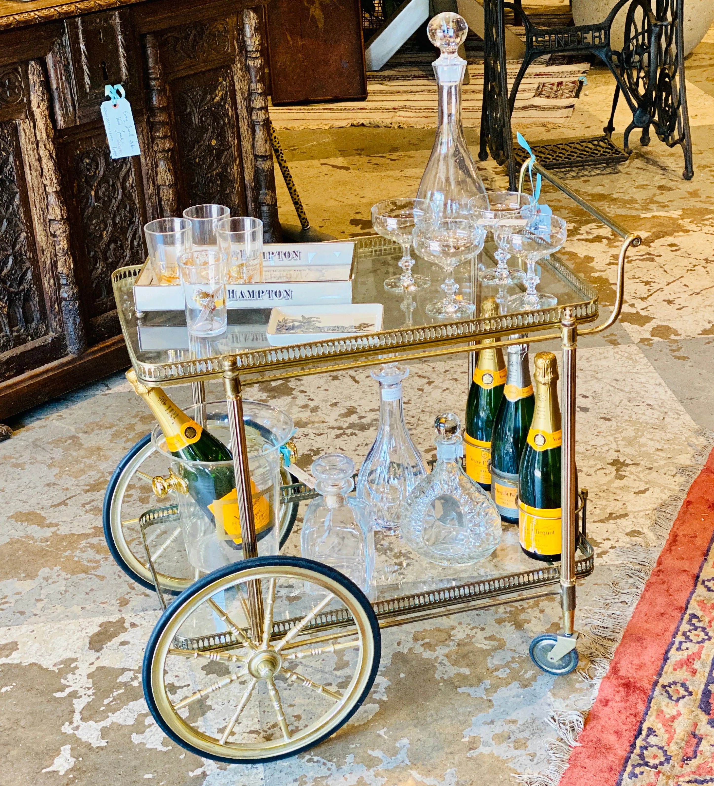 Vintage French Brass & Glass Trolley Style Bar Cart with Large Wheels