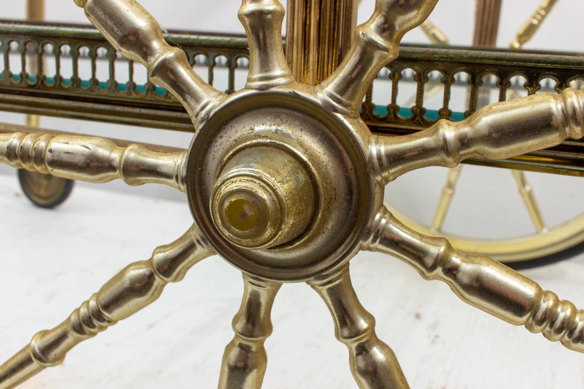 Vintage French Brass & Glass Trolley Style Bar Cart with Large Wheels