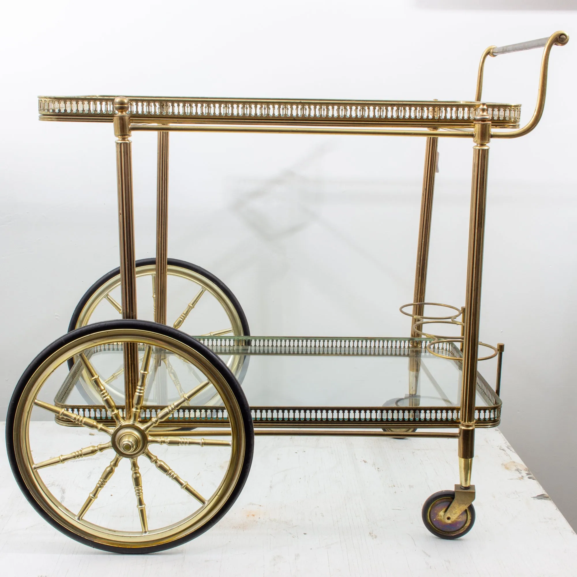 Vintage French Brass & Glass Trolley Style Bar Cart with Large Wheels